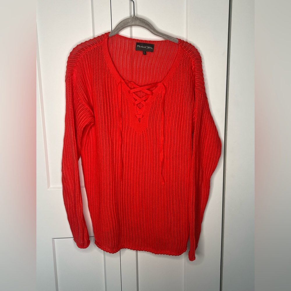 FINAL SALE Michael Stars Open Knit Front Tie V Neck Sweater Women's Size Large